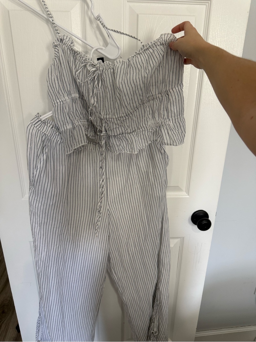 American Eagle Outfitters White Jumpsuit with Black Pinstripes